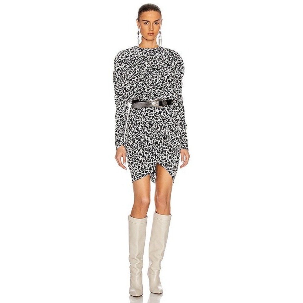 Isabel Marant Etoile Selwyn Dress Black White Print Ruched Viscose FR 42 US 10